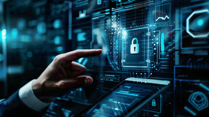 A high-resolution image of a businessman s hand interacting with a VR screen ing a padlock icon symbolizing cybersecurity