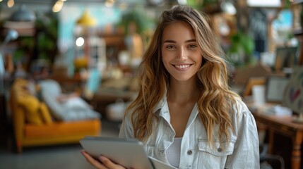 Fototapeta premium Smiling Woman Holding a Tablet in a Cozy Cafe