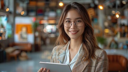 Smiling Woman in Glasses Holding a Tablet