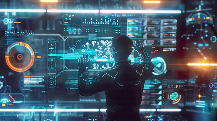 A high-resolution image of a person interacting with a futuristic HUD interface displaying KPIs and BI data holographic charts graphs and data visualizations
