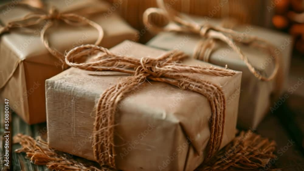 Poster this close-up of three gifts wrapped in brown paper and tied with twine.