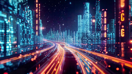 A hyper-realistic 3D rendering of an abstract highway path running through digital binary towers in a futuristic city