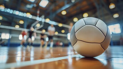 Close-up of volleyball with blurred players in background on an indoor court with warm lighting, capturing the essence of team sport and action.