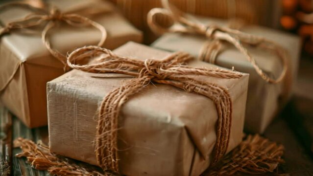 This Close-up of three gifts wrapped in brown paper and tied with twine.