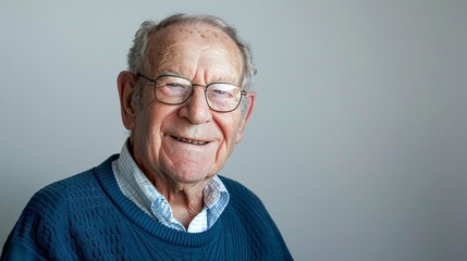 Portrait of an elderly man with glasses, smiling warmly. He is wearing a blue sweater and a white shirt. The background is plain white, creating a clean and classic look. AI