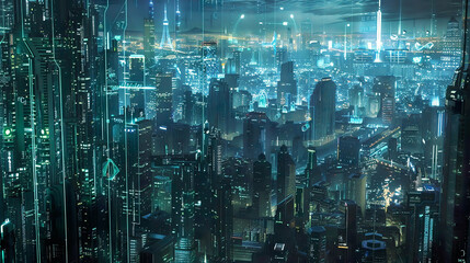 A hyper-realistic depiction of a smart city with a communication network concept