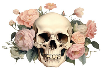 PNG Antique skull rose art painting.