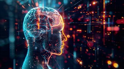 A photorealistic depiction of a human head with a glowing brain casing deep learning machine learning and artificial intelligence