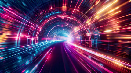 A vibrant 3D render of an abstract tunnel with rays of light and new highlights