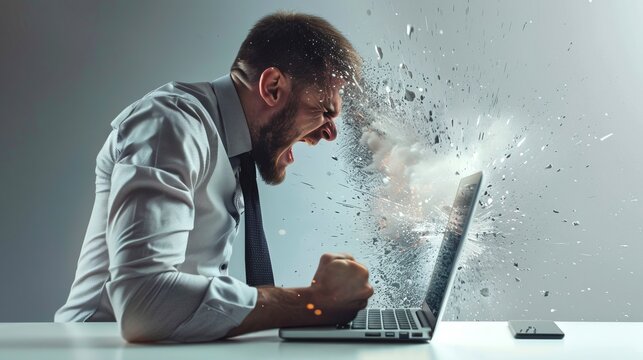 Angry businessman screaming at his laptop in frustration