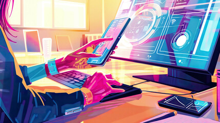 A vibrant illustration of a businesswoman's hand using a mobile phone and a modern computer