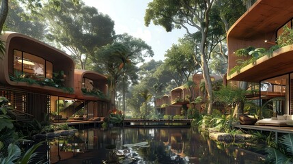 Sustainable residential area with homes built using ecofriendly materials