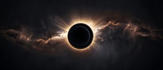 Black hole, shadowy center with delicate light effects suggesting immense gravitational forces, minimalist black background creating a stark and captivating visual