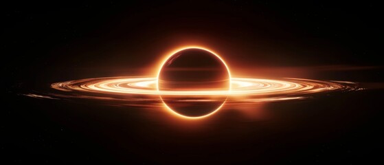 Black hole, intense dark singularity with faint light bending around its event horizon, minimalist black background emphasizing its gravitational power