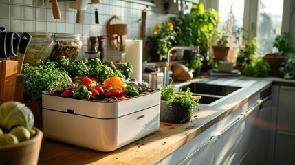 Compost bin in a modern kitchen, emphasizing sustainability and waste reduction