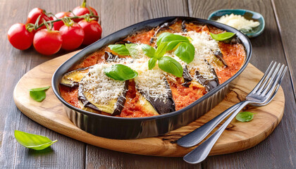 Eggplant parmigiana garnished with basil leaves and freshly grated parmesan cheese. 
