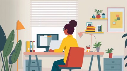 Home Office Setup: Depict a person setting up a home office, using a Barclaycard to buy necessary equipment. The scene should be productive and modern.