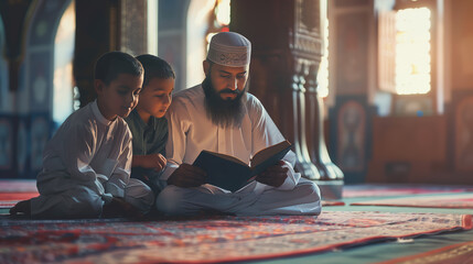 A father and his two young sons sit together on a carpet in a mosque, reading the Quran in a serene and spiritual setting.
