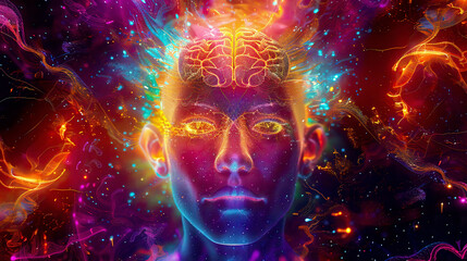 An artistic illustration of a human head with a luminous brain network representing consciousness and artificial intelligence