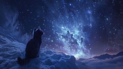 A lone black cat sits on a snowy peak, gazing up at a stunning display of blue and purple aurora...