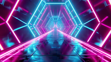 An immersive 3D illustration of flying through a futuristic corridor lined with triangular patterns