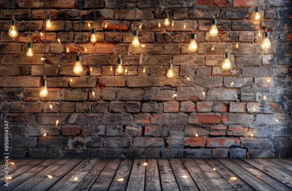 Wall mural warm string lights illuminate rustic brick wall and wooden floor