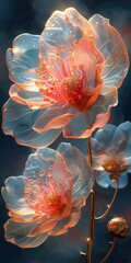 Ethereal, translucent flowers with glowing petals in shades of peach and blue, delicate stamen, and water droplets, all against a dark, bokeh background.