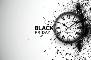 A striking Black Friday graphic featuring a clock with shattered fragments and the text "Black Friday" in bold, emphasizing the urgency and limited-time nature of the shopping event