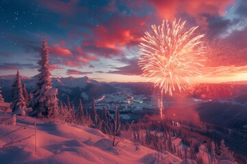 Winter Fireworks Over Snowy Mountain Range