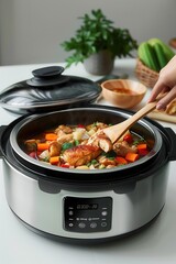 Young woman preparing food with modern multi cooker in kitchen
