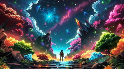 Obraz premium Psychedelic Landscape with Cosmic Guardians Gen AI