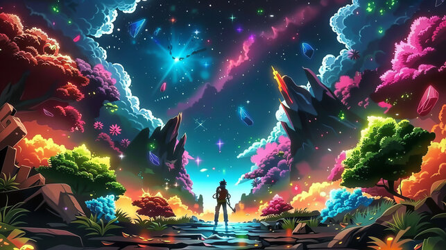 Psychedelic Landscape with Cosmic Guardians Gen AI