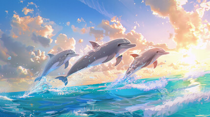 Fototapeta premium Three dolphins are leaping out of the water, with the sun shining on them. Scene is joyful and energetic, as the dolphins seem to be having a great time playing in the water