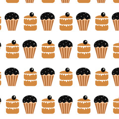 Cupcakes seamless pattern. Sweets repeat on white background. Cute cartoon design. Vector illustration.