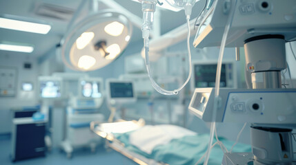 A sterile hospital room equipped for medical procedures with pristine equipment, bed, and bright overhead lighting.