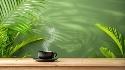Steaming cup of coffee on a wooden table with green leaves in the background. Natural and calming beverage concept.