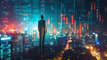 Silhouette of a person standing against a backdrop of illuminated city skyscrapers and abstract financial data, symbolizing economic dynamics.