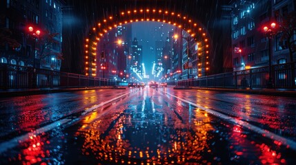 Nighttime Cityscape with Rain and Neon Lights