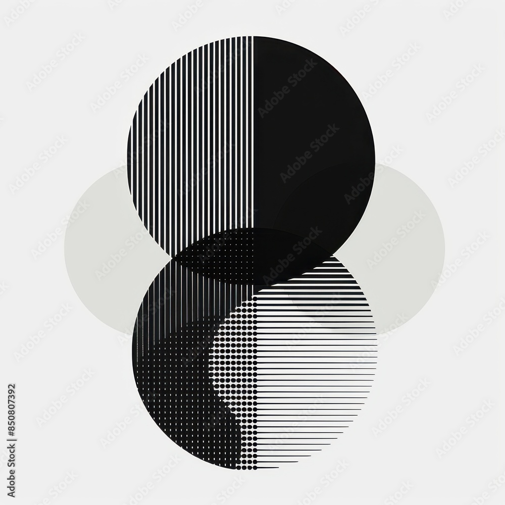 Poster A monochrome abstract artwork featuring overlapping circles with various geometric patterns, creating a striking visual effect in black and white.

