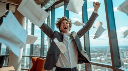 Plakat Excited young businessman throwing papers in the air in a bright office, celebrating success. Large windows with city view, casual yet professional setting.