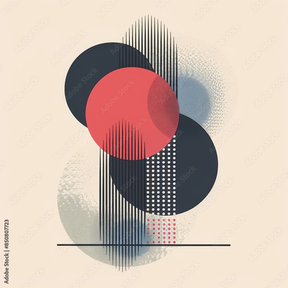 Poster An abstract artwork featuring overlapping circles and lines in red, black, and beige, creating a dynamic and modern geometric design.
