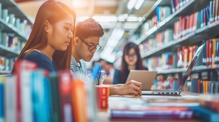 High school students studying with laptops in a well-stocked library, the diverse group is immersed in learning and collaboration in a quiet, resource-rich setting.