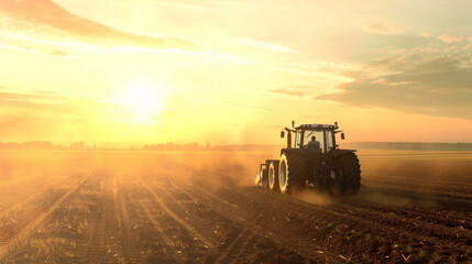 Fototapeta premium A tractor plows through a dusty field as the golden sun sets, casting warm, serene light across the landscape.