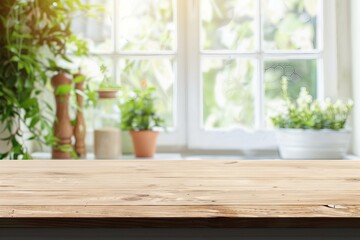 Wooden kitchen table with background of window for product display. generative ai.