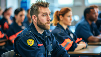 Focused firefighter in uniform attentively listens during a training session, with colleagues in the background.