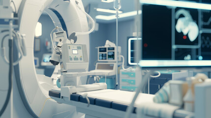 A high-tech medical imaging room with advanced equipment and screens displays detailed scans, ready for diagnostics.
