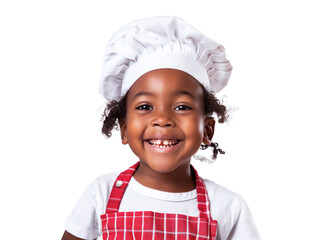 Happy African American child with a smile in kitchen wearing chef hat and apron