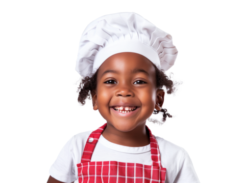 Happy African American child with a smile in kitchen wearing chef hat and apron