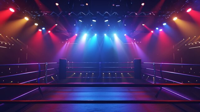 Empty boxing ring illuminated with colorful stage lights, set for an event or match, creating an energetic and dramatic atmosphere.