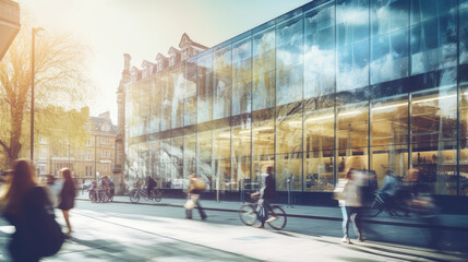 Dynamic City Life at Glass-Facade Shopping Center